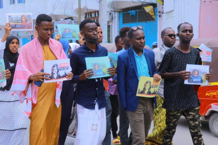 SJS and SOMA leaders join journalists during a protest on Friday, 13 May, 2022, condemning the killing of Al-Jazeera Arabic journalist, Shireen Abu Akleh. | PHOTO/SJS.